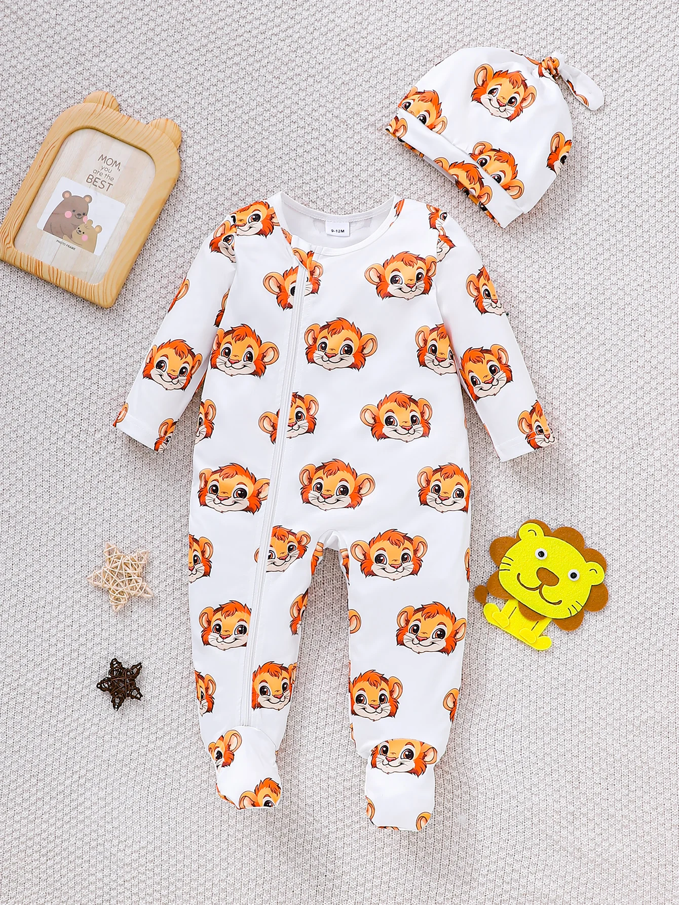 

Baby Boy's Spring & Autumn Lion All-Over Print Zippered Footed Romper + Hat