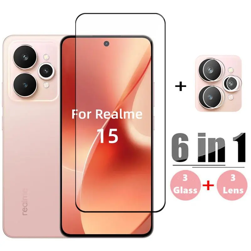 

Стекло 6 в 1 для Realme 15 5G, полное покрытие, закаленное стекло, защитная пленка для экрана Realme 15, защитная пленка для объектива телефона Realme 15