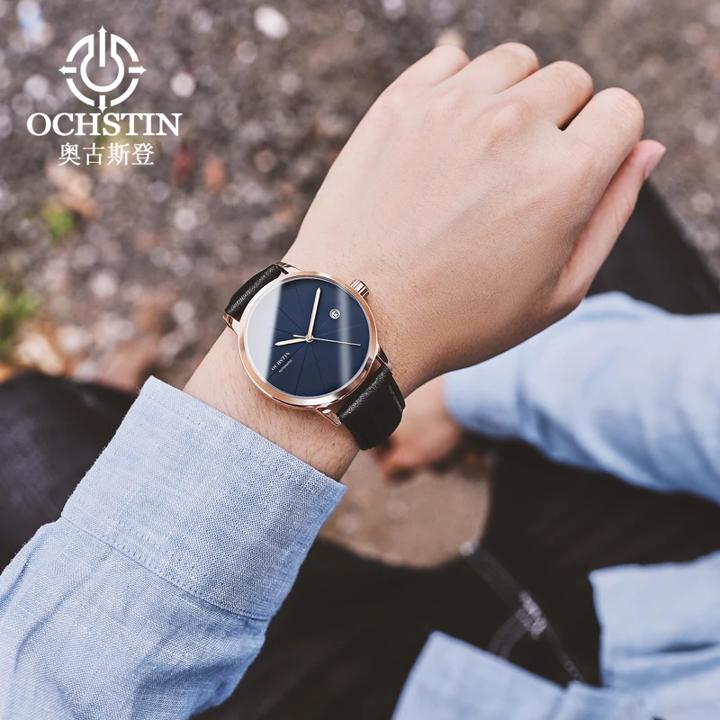 OCHSTIN-reloj mecánico automático para hombre, pulsera con esfera minimalista, fecha automática, correa de cuero y nailon, regalo