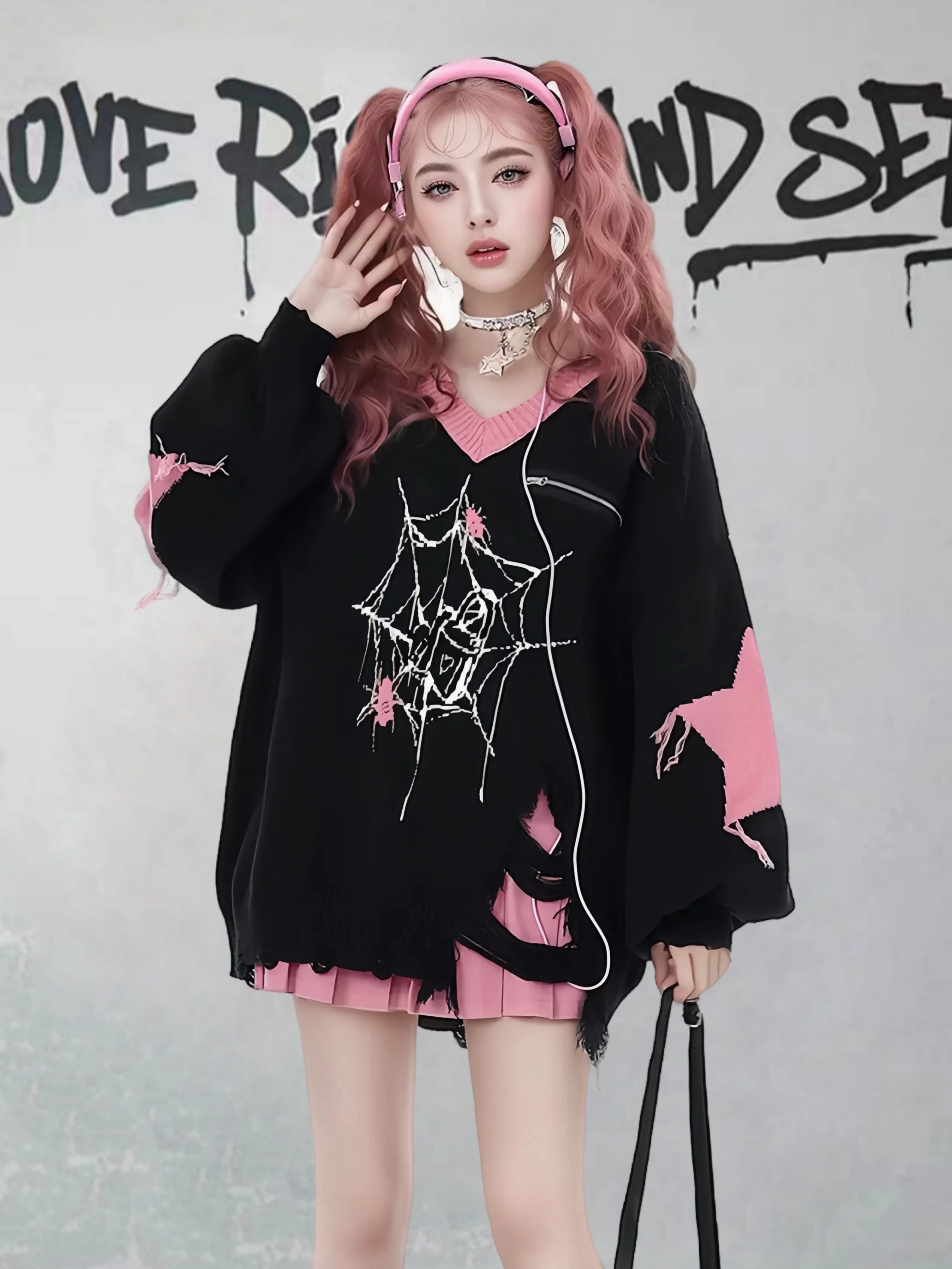 2025 الخريف الشتاء جديد ثقافة فرعية Y2K الساخن فتاة الخامس الرقبة الأحمر محبوك سترة المرأة فضفاضة عادية أسود وردي سترة