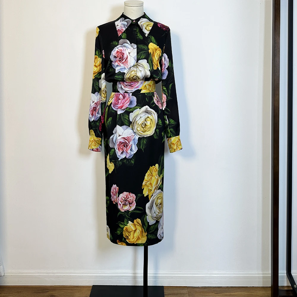 

Женский шелковый длинный све irt, весна 2021, воротник с одной пуговицей и принтом Bla, облегающая основа, дышащая, приятная для кожи