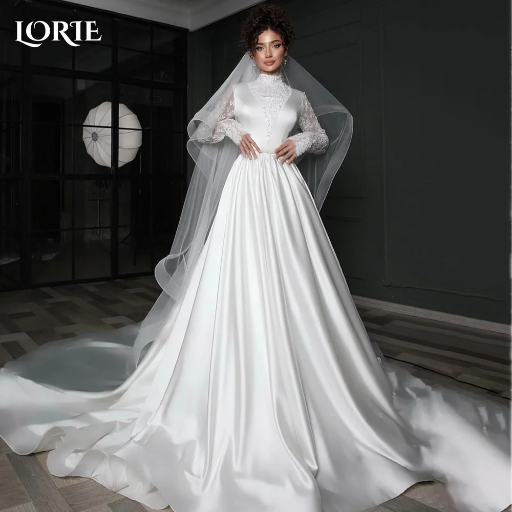 

LORIE Vintage Satin Wedding Dresses High Collar A-Line Puff Sleeve Button Bridal Gown Princess Muslim Bride Dress Customized