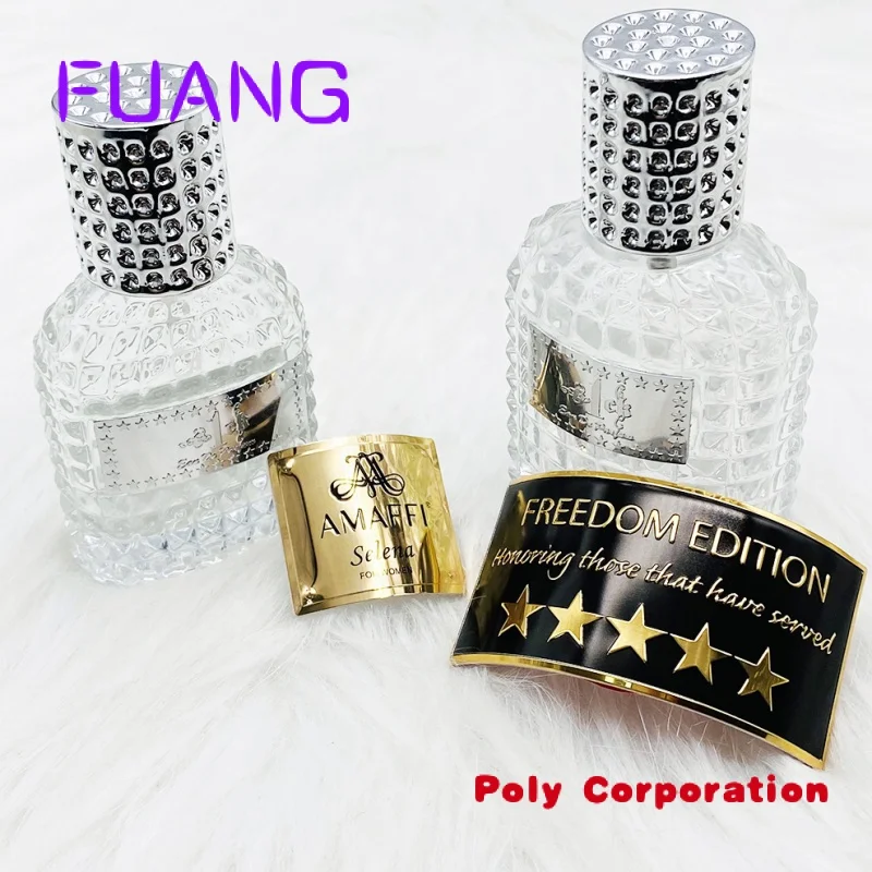 Stiker metalik parfum perekat Label aluminium Logo merek logam timbul bentuk desain OEM kustom