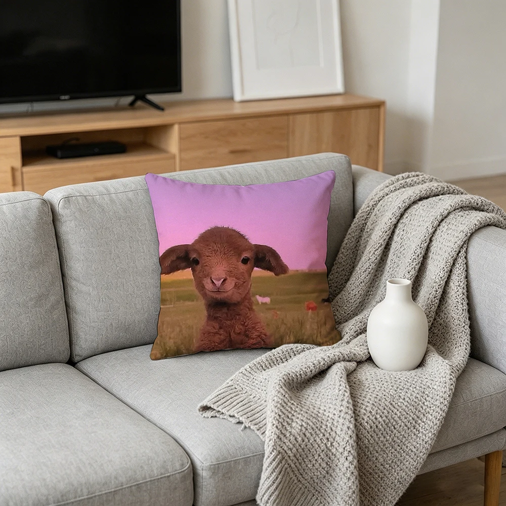 1PC Throw Pillow Cover,Lamb Sheep Pink Field Print,Cute Farm Animal Style,For Sofa Bedroom Couch Home Decor