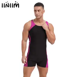 Mens Swimsuit One-piece Swim Jumpsuit U Neck Straps Cross at Rear Short Bodysuit Swimwear Beach Pool Swimming Bathing Suit