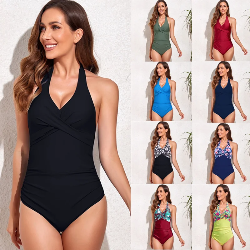 

Women One Piece Swimsuit Front Cross Athletic Tummy Control Bathing Suits Vintage V Neck Shirred Halter Ruched Backless Swimwear