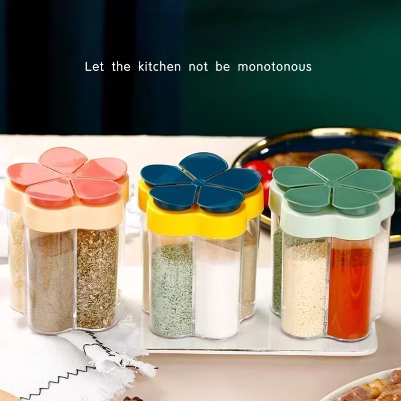 Kitchen Tools 5 in 1 Flip Seasoning Shaker Salt Sugar Bottle Container Dispenser Barbecue Transparent Jar Herb Spice Organizer