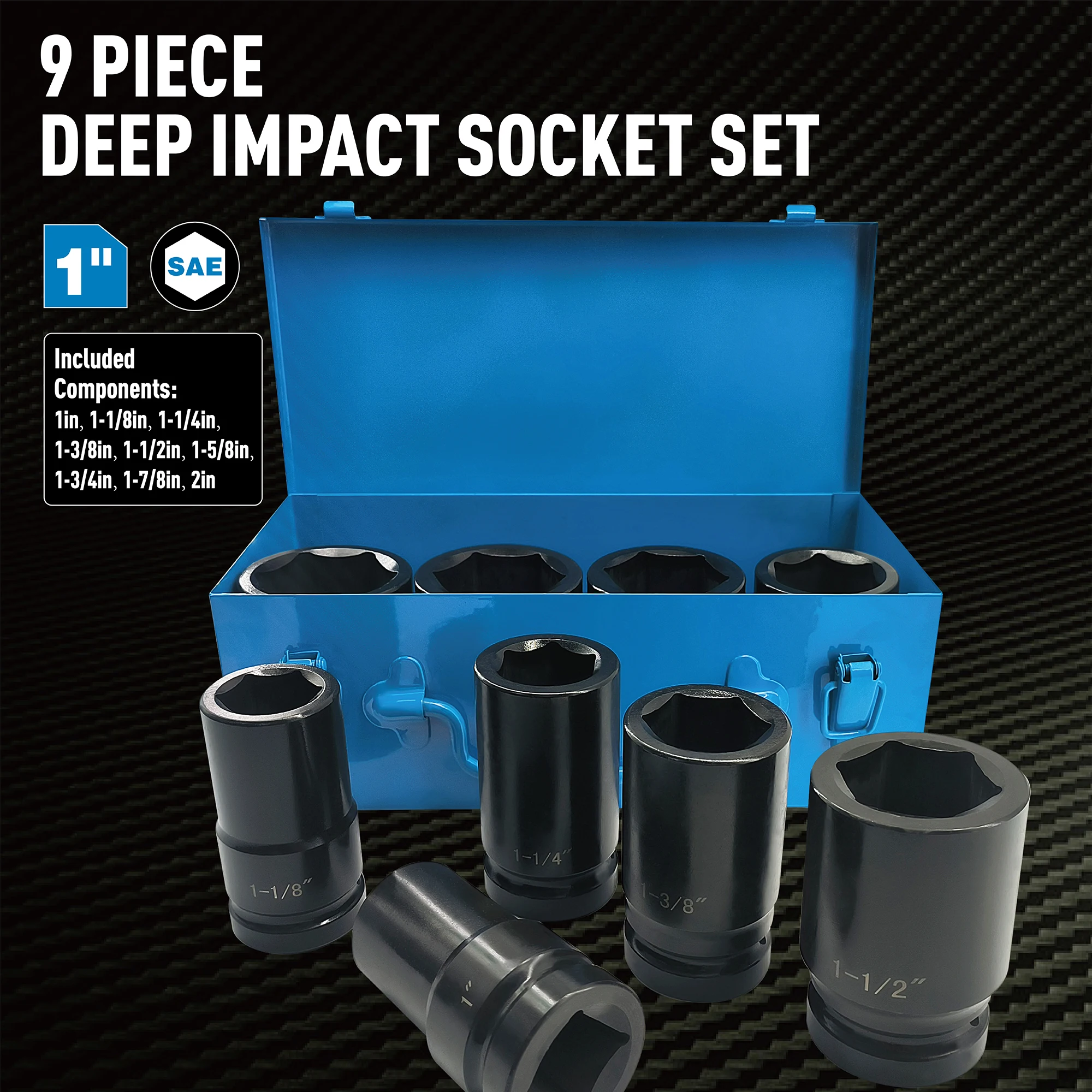 1 Inch Drive Deep Impact Socket Set, 9 Pieces Jumbo Impact Socket Sets, SAE 1" to 2", Chrome Steel, 6-Point Design, Metal Case
