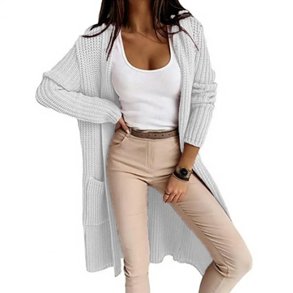 Long Sleeve Pockets Single-breasted Knit Cardigan Women Autumn Casual Solid Color Mid-Length Sweater Outerwear Streetwear