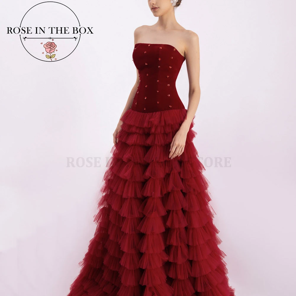 ROSEINTHEBOX Customized Glamorous Burgundy Strapless Evening Dresses for Woman Crystal  Tiered A-line Luxury Party Dresses
