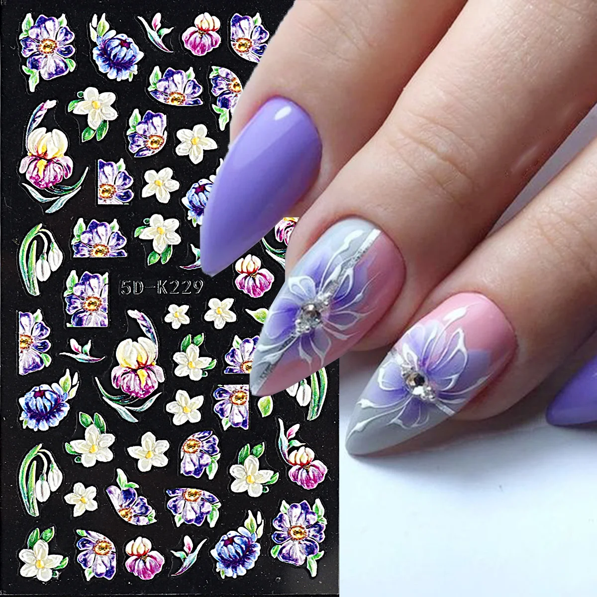 5D Flower Embossed Nail Art Sticker Spring Summer Peony Daisy Floral Leaf Decals Adhesive Sliders DIY Nails Accesories NL5D-K228