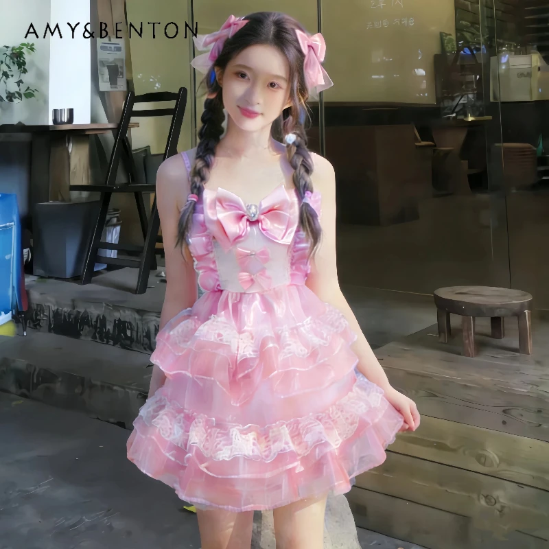

2026 New Original Design Pink Lace Splicing Women's Sling Dress Japanese Lolita Sweet Cute Y2k Thin Age-reducing Dresses Ladies