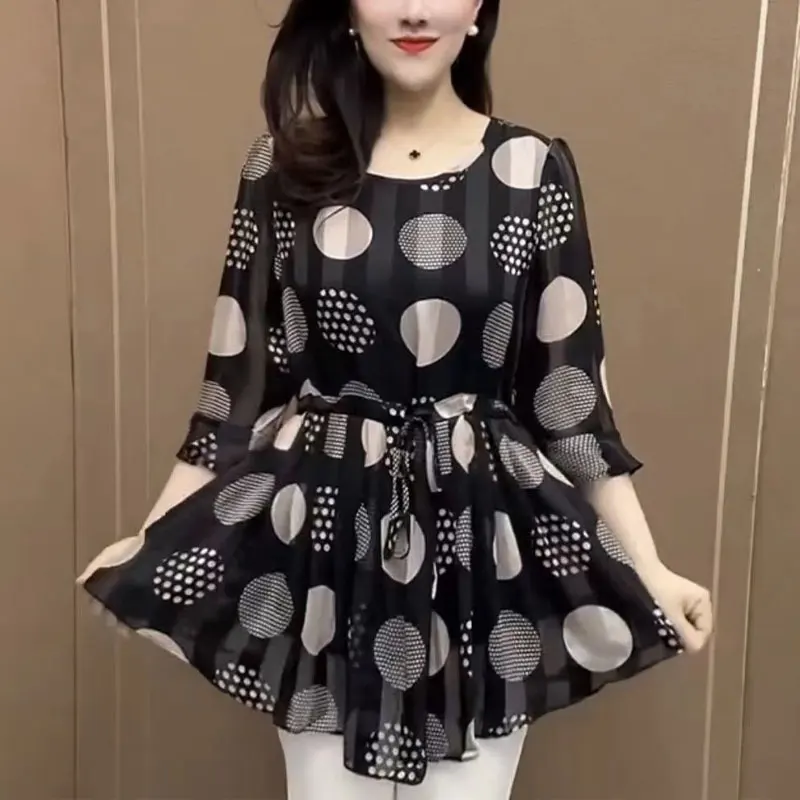 Commute Fashion Polka Dot Shirt Spring Summer Thin Drawstring Waist Women\'s Clothing 3/4 Sleeve Casual Round Neck Loose Blouse