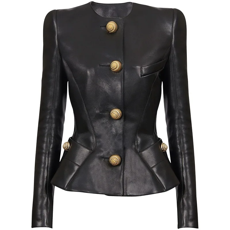 

Leather Jacket Woman Spring New Arrival PU Coat Round Neck Long Sleeve Metal Single-breasted Designs Women Top Solid Slim Jacket