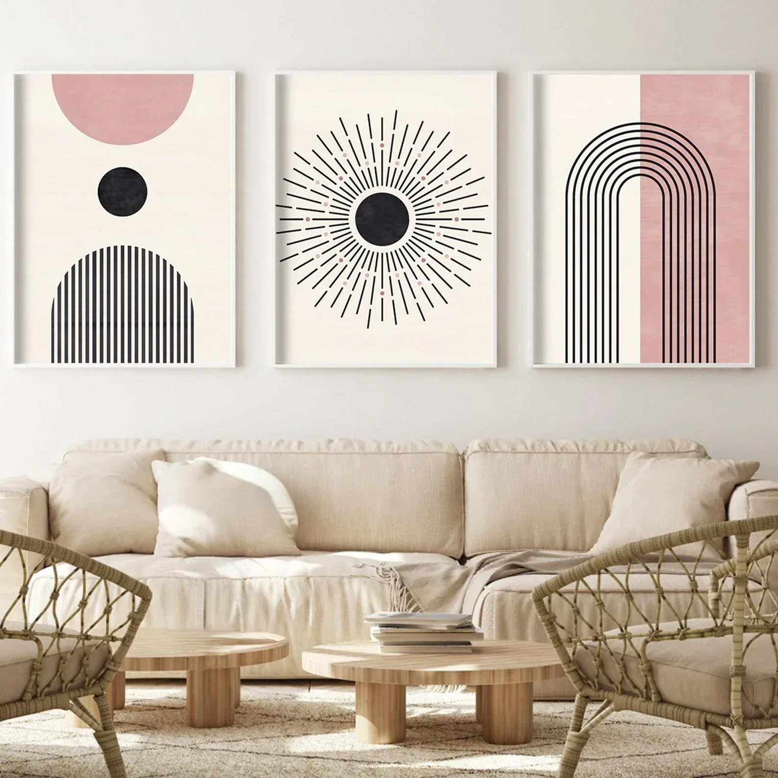Multiple sizes 3pcs frameless Canvas Painting,3PCS  Pink Mid Century Poster Boho Abstract Art Gallery Wall Art Blush Modern Prin