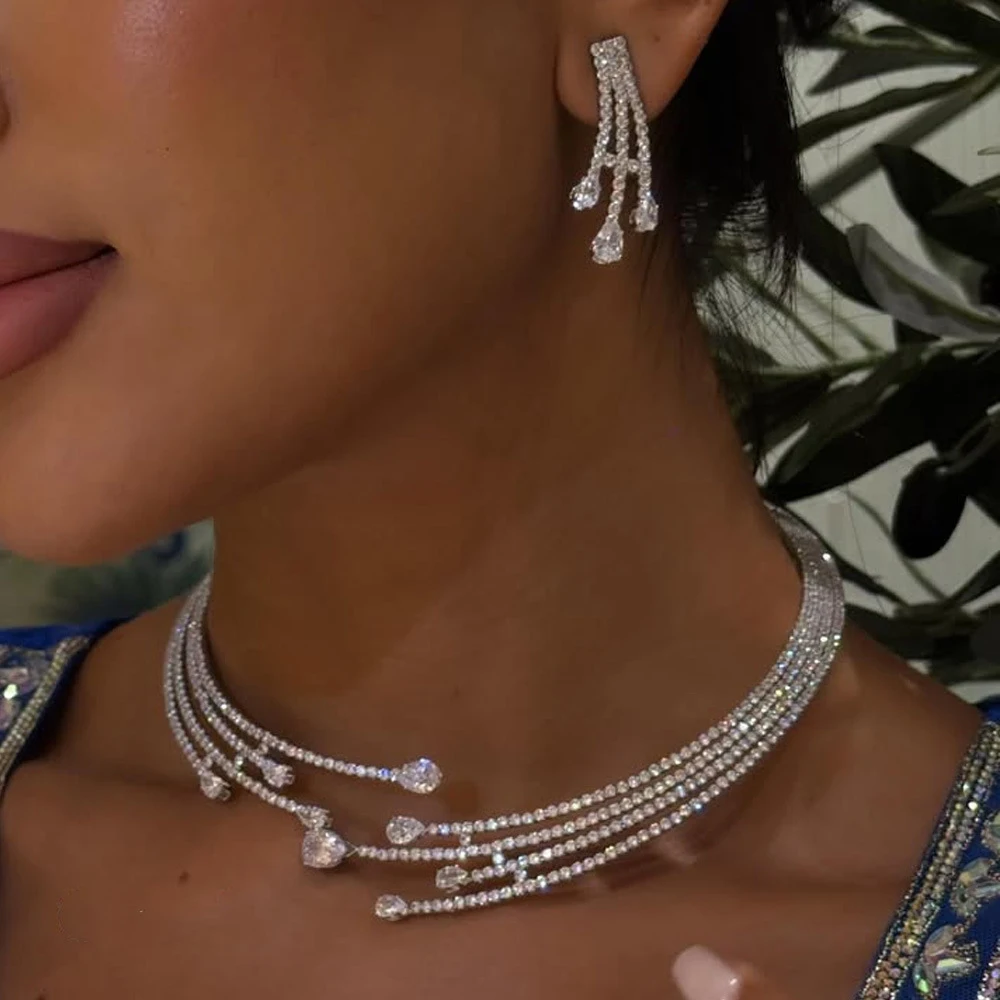 Indian Bridal Multilayer Necklace Earrings Sets Women Accessories Fashion Design Rhinestone Wedding Jewelry Set Bridesmaid Gift