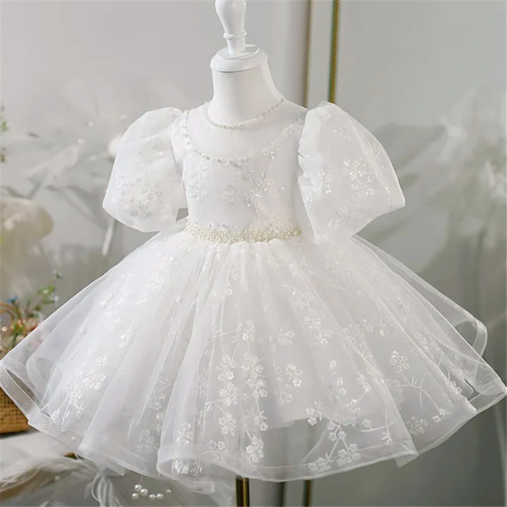 

Elegant Flower Girl Dress Holy Short-sleeved Tulle Lace Printing Princess Ball First Communion Dresses Kids Birthday Present