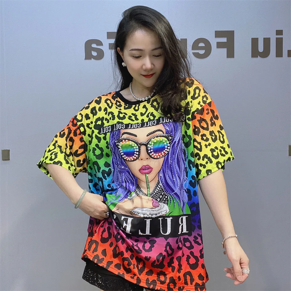 

Fashion Leopard Print T Shirts Women Summer Clothes Casual Character Pattern Diamonds Beading Short Sleeve Tops Женская Одежда