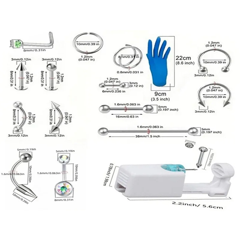 

EVISPOL 67/70/101/111Pcs Sterile Ear Piercing Kit,Tragus Helix Cartilage No Pain Piercer Tool Machine Nose Belly Stud Jewelry