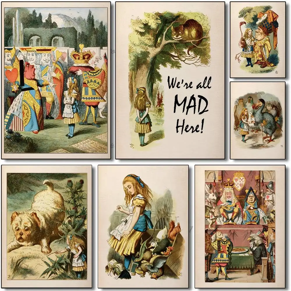 Alice In Wonderland Retro Poster Self-adhesive Art Room Entrance Restaurant Wall Decor Art Painting