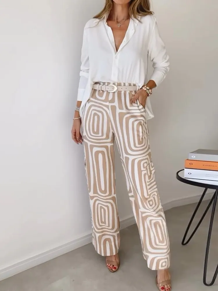 Casual Suit Women\'s Digital Print Fashion White Shirt Loose Trousers Two-piece Set Women Vintage Vacation Suits Female Clothing