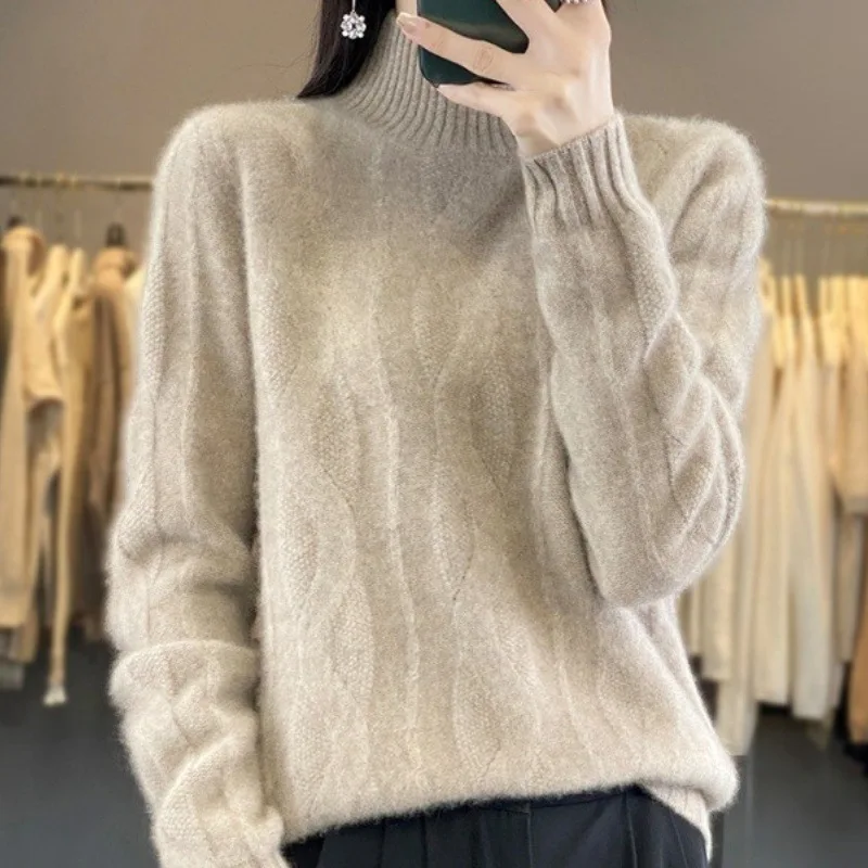 2024 New Arrival Korean Style High Neck Seamless Knitted Pullover Women Sweater For Autumn And Winter