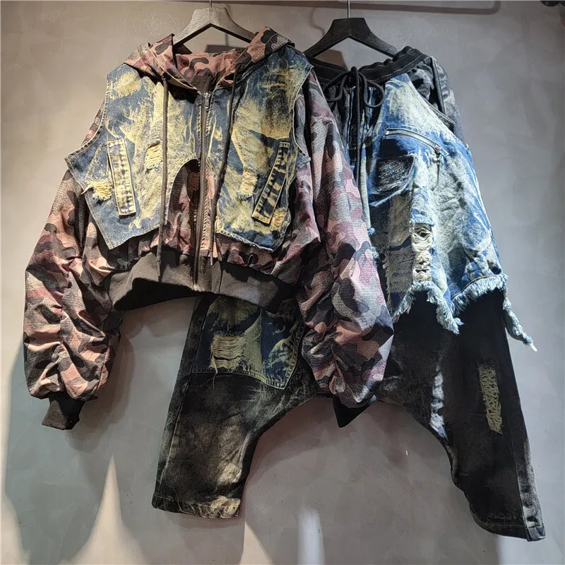 WTHT, chaqueta vaquera holgada con capucha de camuflaje empalmado para mujer, pantalones vaqueros holgados con cintura elástica para mujer, otoño 2025 1LS2492