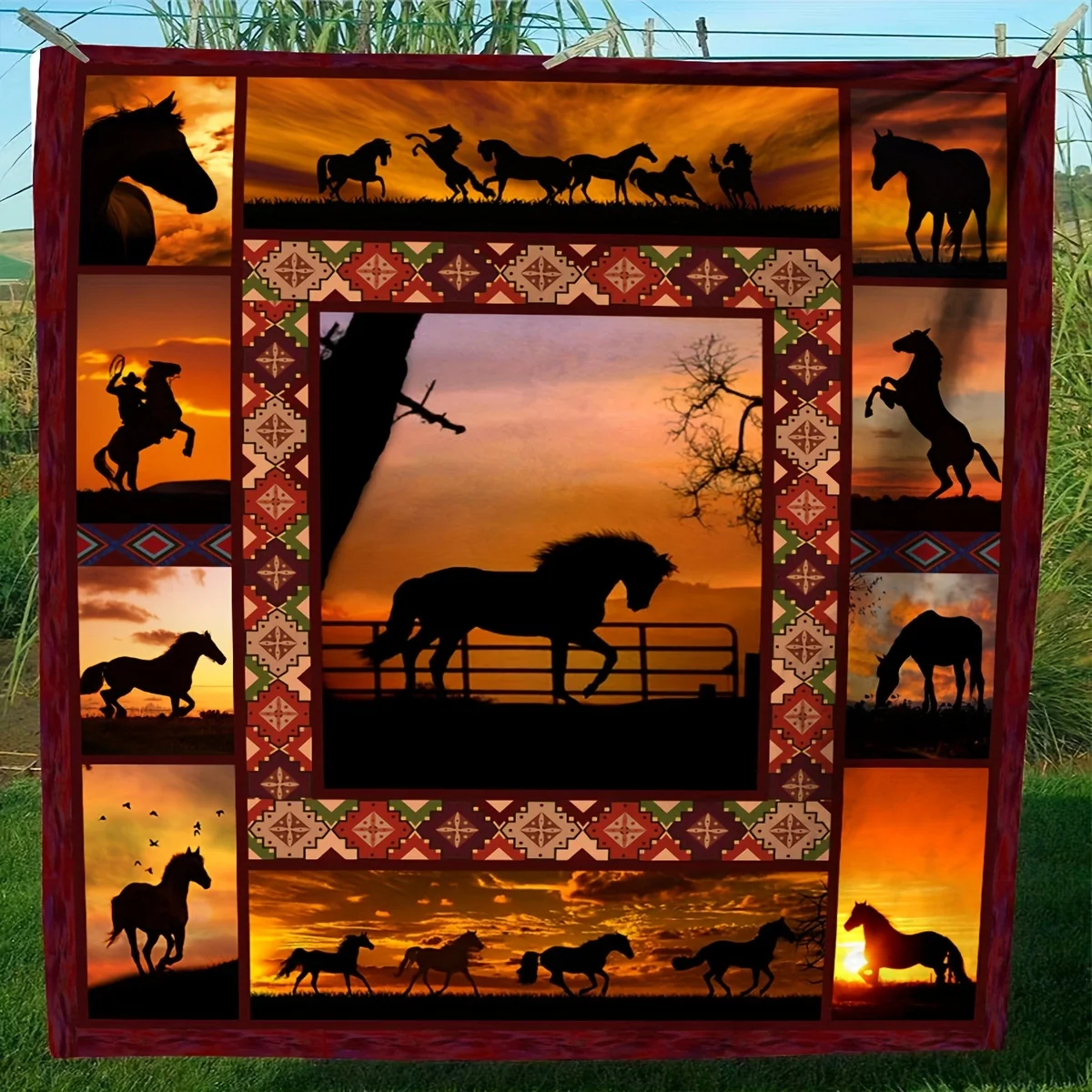 Rustic Western Horse Silhouette Throw Blanket Mat Equestrian Animal Print Sunset Farmhouse Picnic Throw Blanket Decor Gift