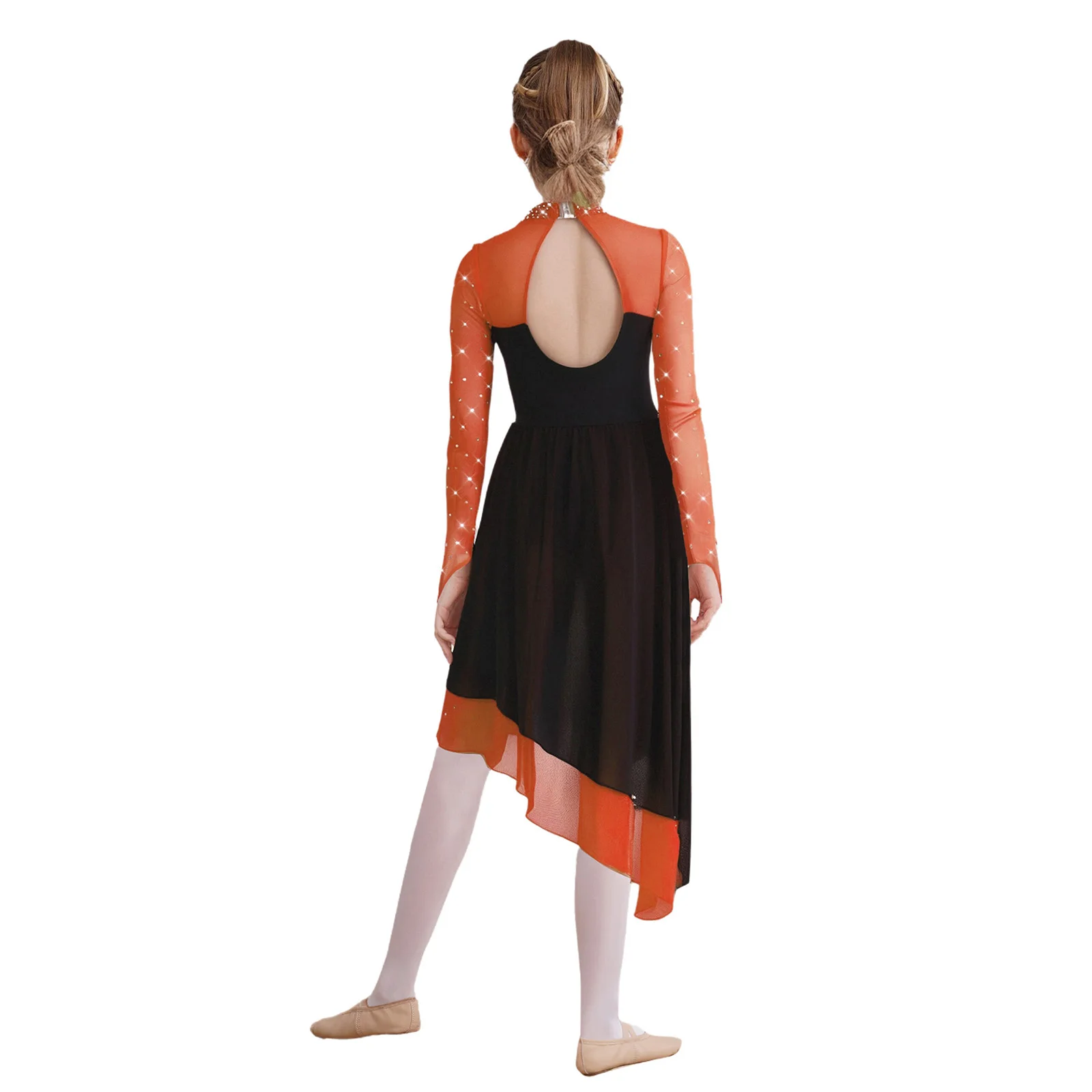 Kids Girls Shiny Rhinestones Lyrical Dance Leotard Dress Halter Long Sleeve Bodysuit Modern Skirt Figure Skating Jumpsuit Dress