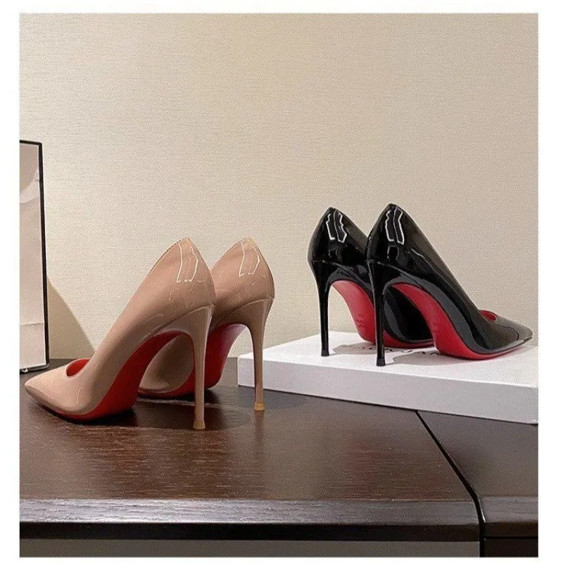 New Big Size Women's Shoes, Commuter Temperament Pointed Single Shoes, Sexy Light Lipstick Heels, Red Black PU Work Shoes