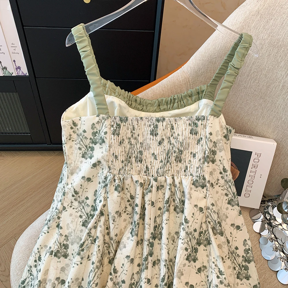 Plus-size Women's Spring/Fall Casual Commute Loose Comfortable slip dress Green print lace-up with lining sleeveless long dress