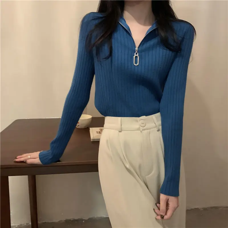 Вязаная базовая рубашка с воротником-поло на молнии, весенне-осенняя футболка с длинными рукавами, женский тонкий топ с высокой талией