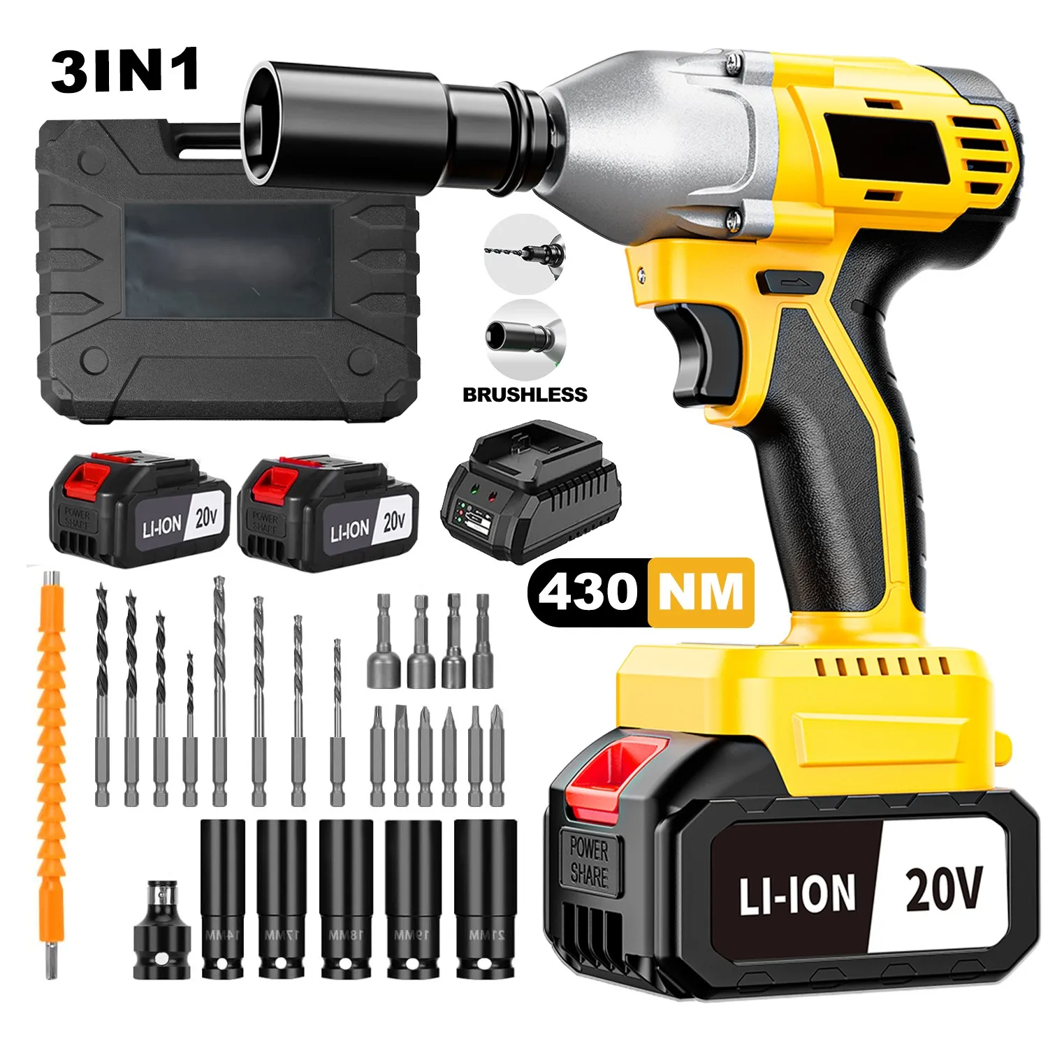 

Набор аккумуляторных ударных гайковертов 3-в-1, 20 В, промышленного класса, для самостоятельного ремонта автомобилей