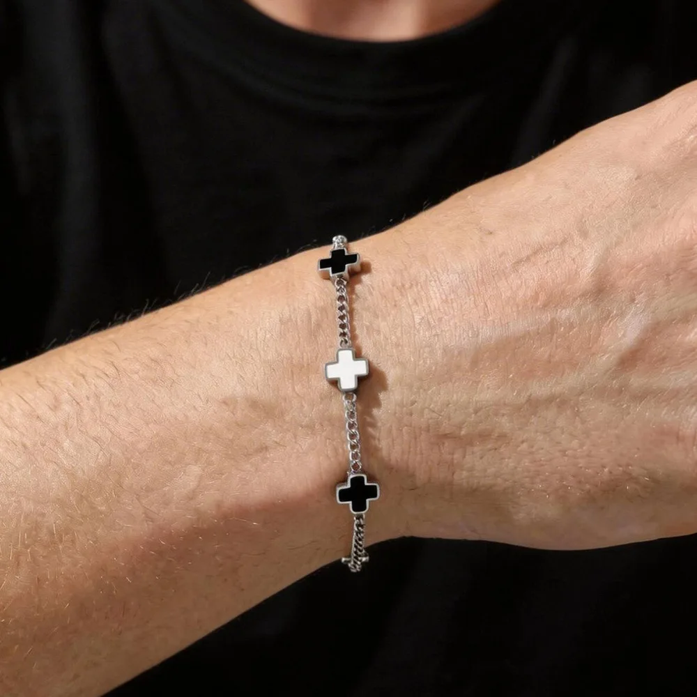

Men's Black White Cross Bracelet,Stainless Steel Contrast Color Geometric Charm Bracelet,Hip Hop Fashion Male Jewelry Gift
