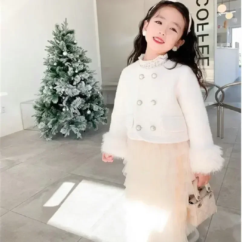 Girls Set Korean Style Solid Color Fashion Clip Cotton Plush Fashion Warm Coat Cute Skirt 2024 New Winter Clothing