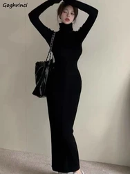 Turtleneck Black Dresses Women Solid Skinny Ladies Clothing Autumn Ankle-length Bodycon Long Sleeve Sexy Warm Fashion Trumpet