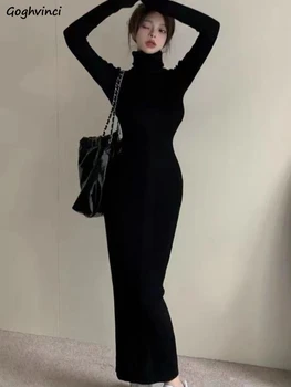 Gola alta vestidos pretos femininos sólidos magros roupas femininas outono tornozelo comprimento bodycon manga longa sexy quente moda trompete