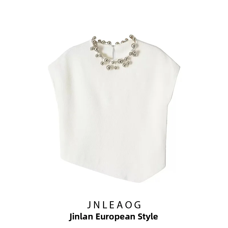 

JNLEAOG Fashionable Summer Knitwear Women's round Neck Short Sleeve Asymmetric Ball Decoration Polyester Casual Style