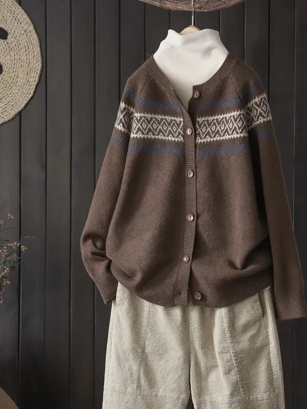 Retro Heart Pattern Long Sleeve Knitted Sweater Women's Loose Ethnic Style Cardigan Coat Spring Autumn New Arrival