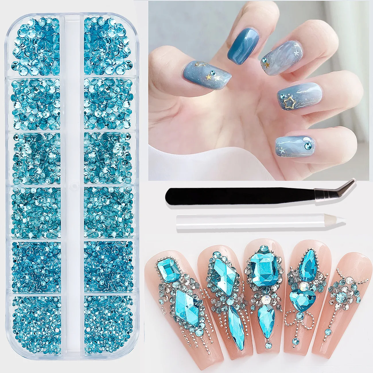 12 شبكة (1500 قطعة) أحمر/أخضر أظافر ثلاثية الأبعاد أحجار الراين مسطحة مستديرة كريستال جوهرة + 1 تلوين + ملاقط الكوع مهرجان مانيكير زينة