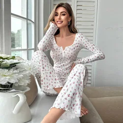 Sleepwear Women Lounge Spring Autumn Pajamas Set Floral Print Lettuce Trim Top with Long Pant Lovely Full Sleeve Nightwear