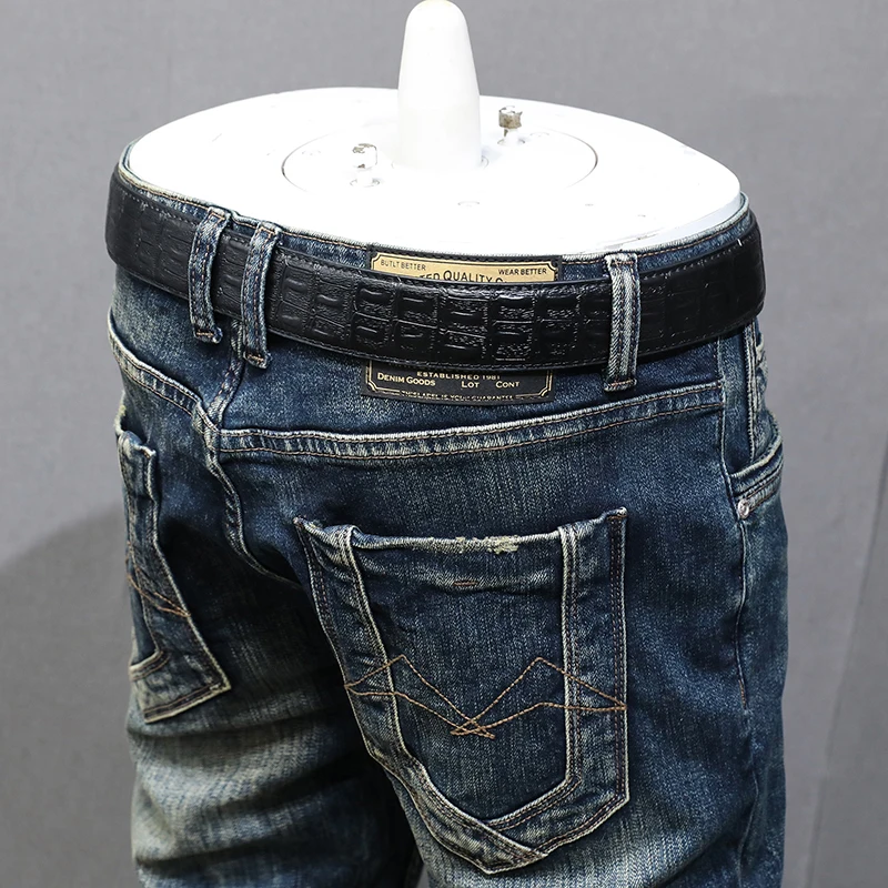 Fashion Designer Men Jeans High Quality Retro Washed Blue Stretch Slim Fit Ripped Jeans Men Patched Vintage Denim Pants Hombre