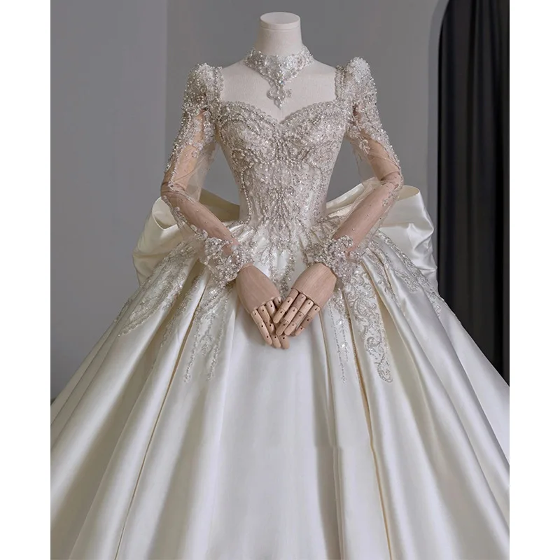Luxury Wedding Dresses 2025 Full Sleeve Classic Satin Sweetheart Wedding Party Dress With Brush Train Customized Ball Gown
