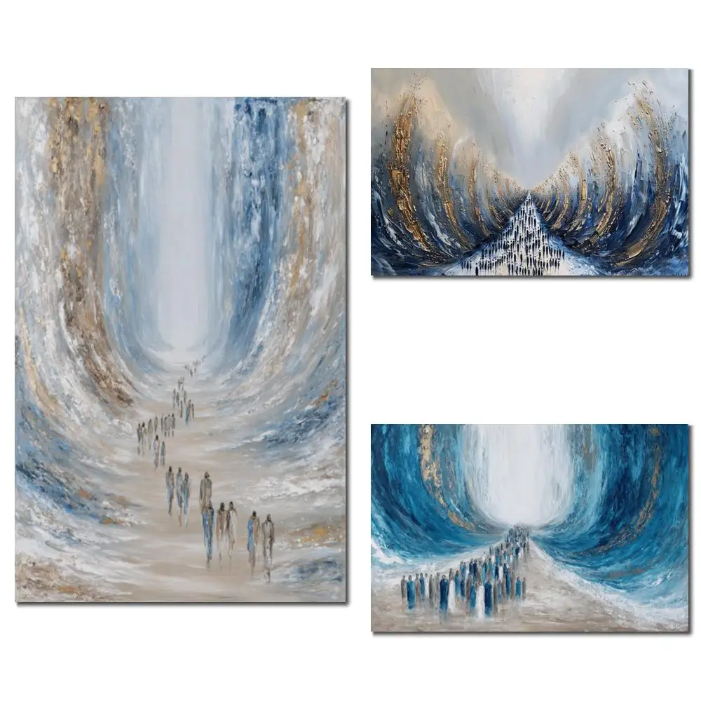 

Large Jewish Oil Painting Splitting Red Sea Blue Gold Textured Canvas Art Handmade Contemporary Wall Decor Judaica Dining Room