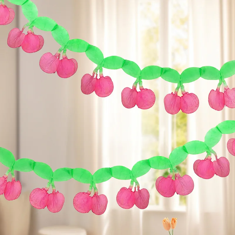 Ins Cute Cherry Paper Pull Flower Kids Birthday Wedding Baby Shower Party Pull Flags Room Wall Hanging Bunting Garland Decoratio