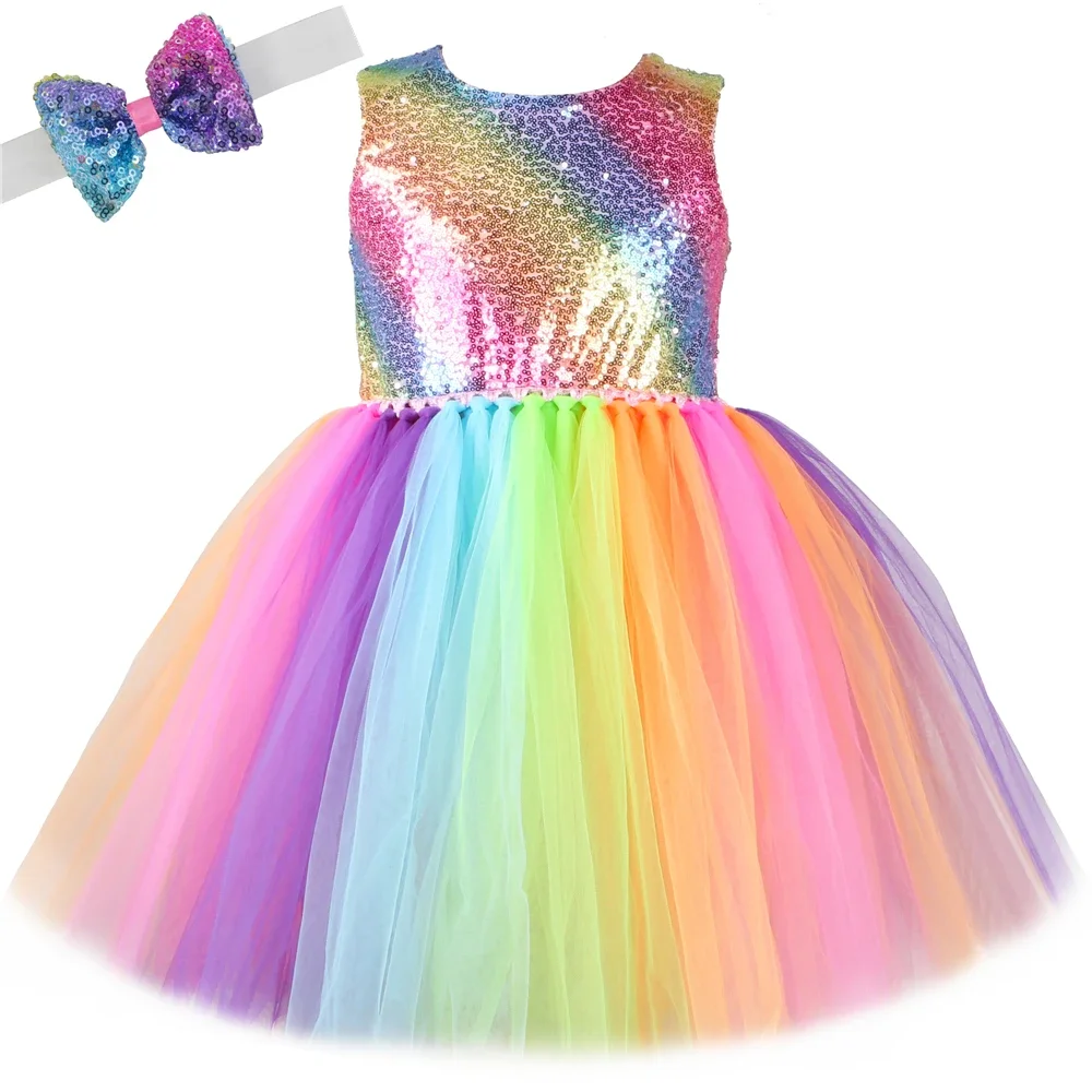 Rainbow Sequins Princess Dress for Girls Sleeveless Backless Party Evening Tutu Dresses Kids Clothes Vestido Children's Clothing