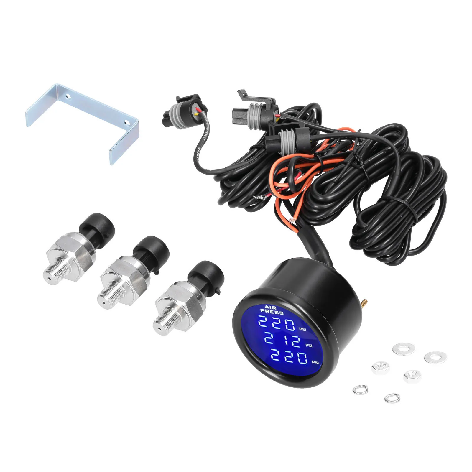 Air Pressure Gauge Triple Display Air Pressure Guage LED Digital Air Suspension Gauge 0-220PSI with 3pcs 1/8NPT Sensors