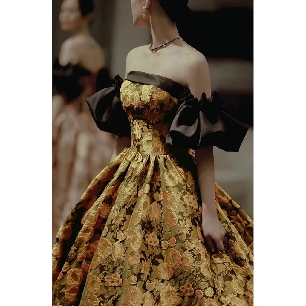 Vestidos de fiesta de Jacquard amarillo de lujo, satén Floral con hombros descubiertos, princesa sin tirantes, vestidos de noche de fiesta con temperamento de corte para mujer, novedad
