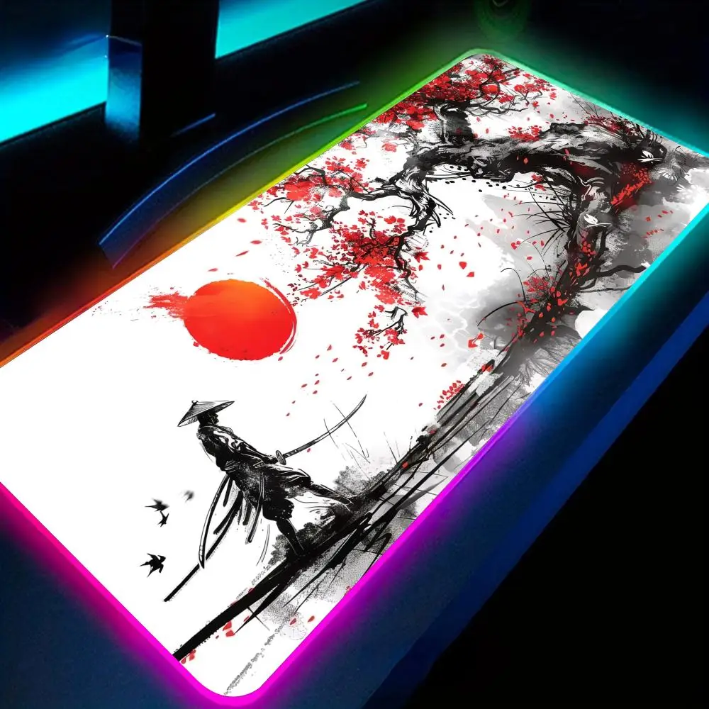 

Black and red cherry blossom and samurai RGB Mouse Pad Desk Mat Gaming pad Non-Slip Stitched Edge LED glow Gaming mouse pad
