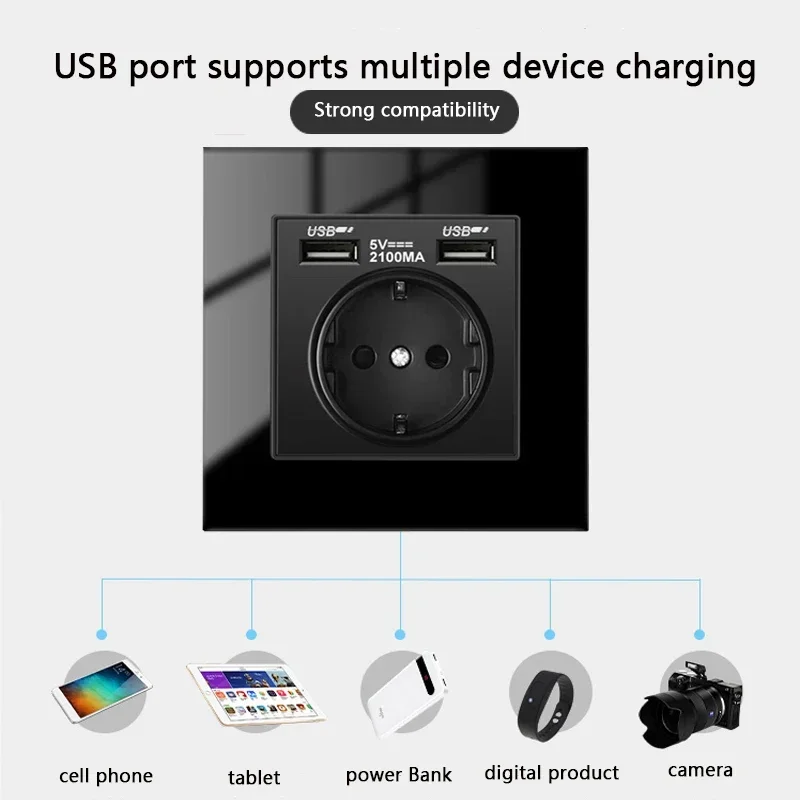 DepoGuye Wandsteckdose mit zwei USB-Steckdosen, 2,1 A, Schlafzimmersteckdose, 16 A Wandsteckdose, PC-Panel, Steckdose nach Spanien, Russland und EU